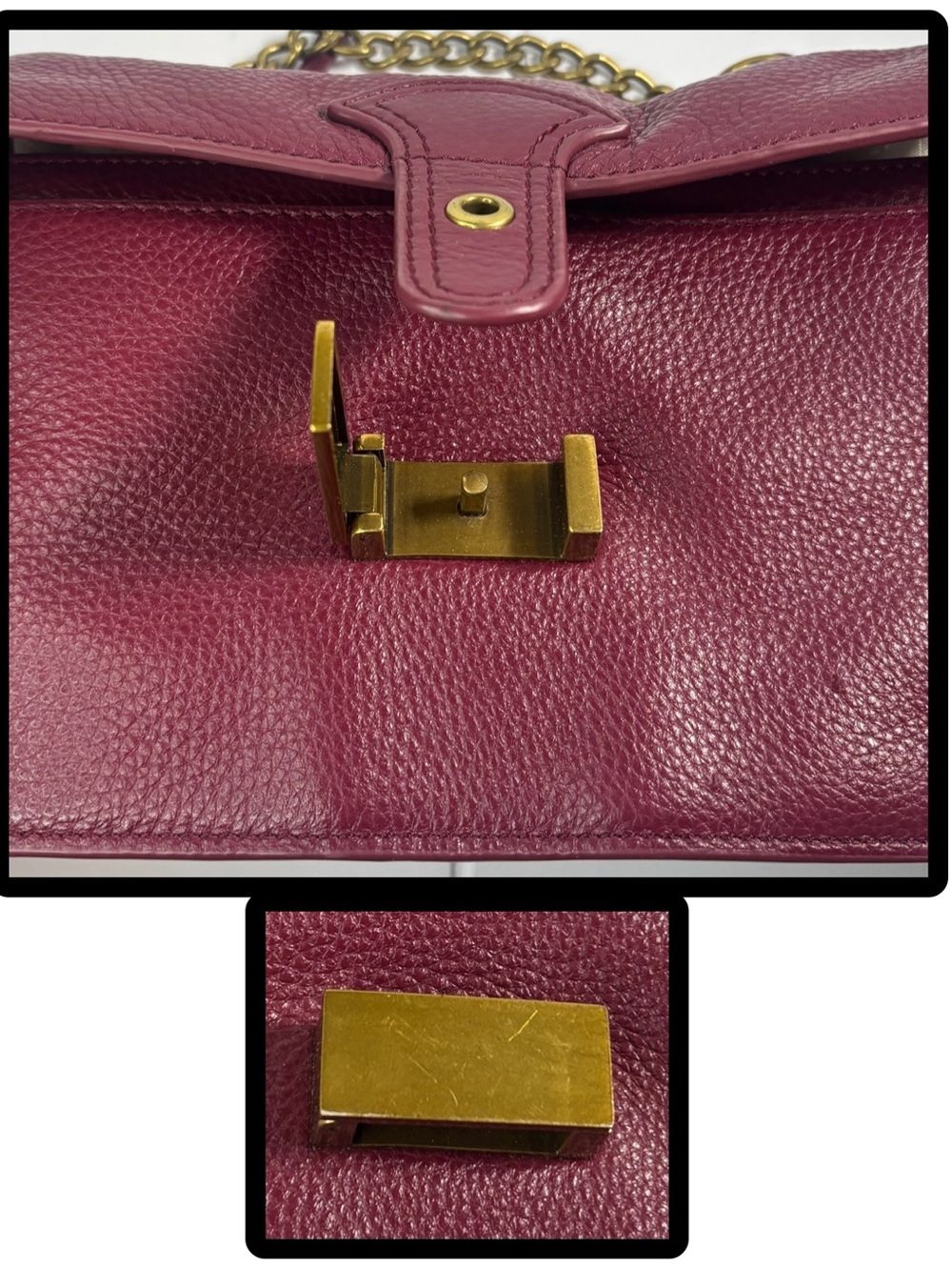 Badgley Mischka Burgundy Pebbled Leather Foldover Shoulder Bag Gold Chain - Picture 6 of 12